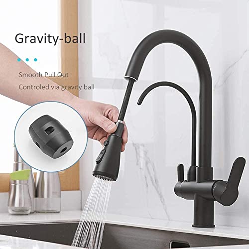 Onyzpily Moderne 3 Wege Küchenarmatur in Gebürstet/Schwarz, Edelstahl Ausziehbar mit Brause & Trinkwasserhahn, 3-in-1 Mischbatterie für Wasserfilter, Hochdruck Spültischarmatur
