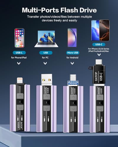 EATOP Flash Drive de 512 GB destinado a iPhone, iPad, Android e computadores, bastão de fotos 4 em 1