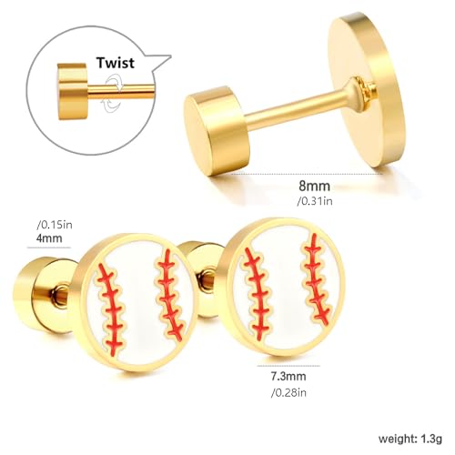 20g Baseball Gold Plated Flat Screw Back Small Stud Earrings for Men Women Minimalist Cute Surgical Steel Enamel Sports Fan Lover Cartilage Piercing Sleeper Tiny Mini Studs Hypoallergenic Birthday Gift for Bff Christmas2