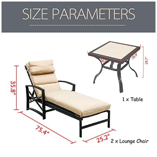 LOKATSE HOME Patio Chaise Lounge Chair Set with Table Outdoor Metal