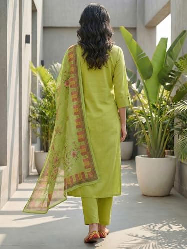 Image of INDO ERA Women's Straight Cotton Blend Ethnic Motifs Embroidered Kurta Pant With Dupatta Set