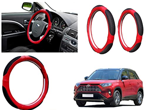 Image of Microfiber Car Steering Wheel Cover, Soft Padding Great Hand Feel, Anti-Slip, Faux Leather Steering Cover for Toyota Urban Cruiser | Black Red Jali - Pack of 1