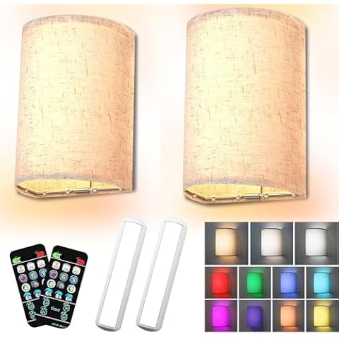 Battery Operated Wall Sconces Set of Two, LED Rechargeable Wall Lights with Remote Control, 16 RGB Colors Changeable Dimmable Fabric Sconces for Bedroom Living Room (9.84Inch/25cm) Cover