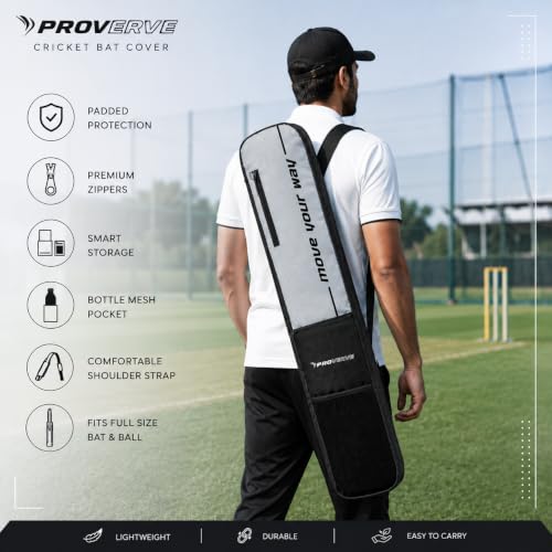 Image of Padded Cricket Bat Cover Full Size | Lightweight Durable Cricket Bat Carry Case with Utility Pocket & Shoulder Strap | Protective Bat Bag for Practice & Matches | Grey & Black