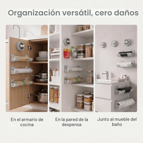 Miniatura 7 de 4 Estantes De Almacenamiento De Cocina Sin Taladrar Y Dispensador De Bolsas De Basura, Organizador Montado En La Pared Para Envolturas De Aluminio, Bolsas, Solución De Almacenamiento Para El Hogar Que