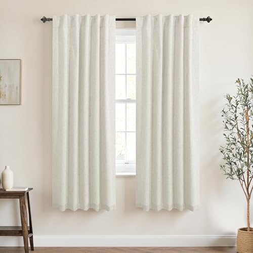 Image of KOUFALL 42x60 Inch Length Cream Beige Back Tab Linen Blackout Curtains