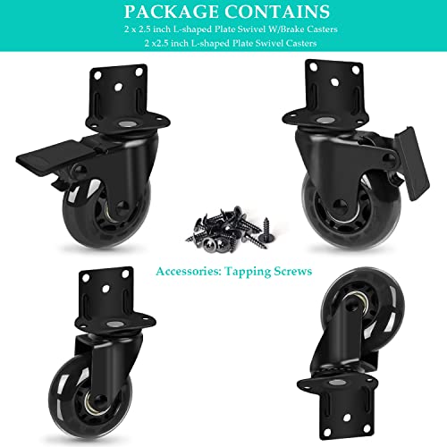Hirate 2.5" L-Shaped Plate Swivel Caster With Brake Dual Bearing Mute Industrial Casters Wheels Loading Capacity 500 Lbs For Carts Trolley (2 With Brakes & 2 Without) #TOP5