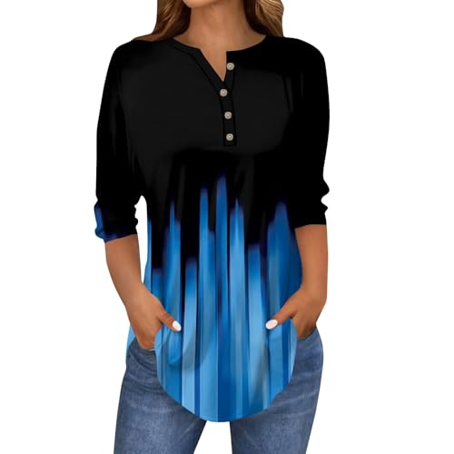 3/4 Length Sleeve Womens Tops Printed Curved Hem T Shirt Button Down Tops Comfy Blouses Dressy Plus Size Tunics