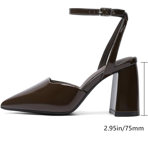Image of RIBONGZ Block Heels for Women Closed Pointed Toe Heeled Slingback Chunky High Heel Ankle Strap Pumps Patent Leather Comfort Dressy Shoes for Work Party Prom Wedding Bridal Dress