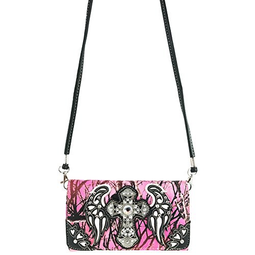 Justin West Laser Cut Rhinestone Cross Studded Cross Shape Design Wristlet Trifold Wallet Attachable Long Strap3