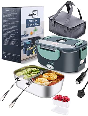 Buddew Electric Lunch Box 80W Food Heater 3 in 1 12/24/110-230V Portable Lunch Warmer Upgraded Leakproof Heated Lunch Box for Car/Truck/Office with SS Fork&Spoon and Insulated Carry Bag(Green)