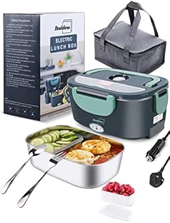 Buddew Electric Lunch Box 80W Food Heater 3 in 1 12/24/110-230V Portable Lunch Warmer Upgraded Leakproof Heated Lunch Box for Car/Truck/Office with SS Fork&Spoon and Insulated Carry Bag(Green)