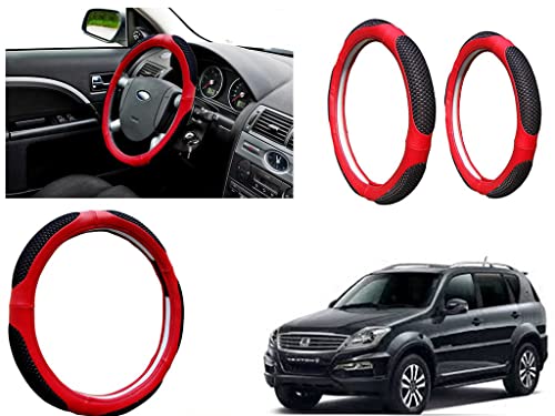 Image of Microfiber Car Steering Wheel Cover, Soft Padding Great Hand Feel, Anti-Slip, Faux Leather Steering Cover for Mahindra Rexton | Black Red Jali - Pack of 1