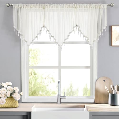WUBODTI Ivory Sheer Beaded Valance Curtains Living Room Kitchen Windows