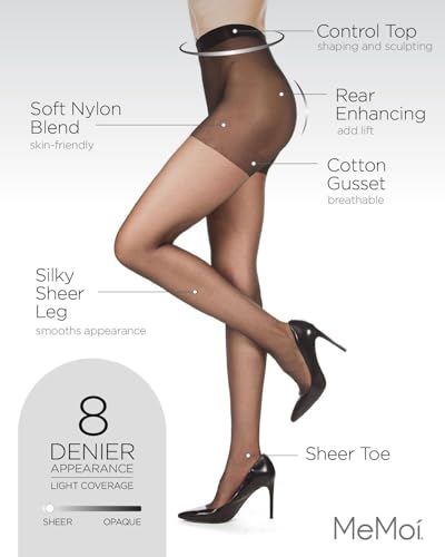 Image of MeMoi Control Top Pantyhose for Women, Breathable Sheer Tights, Comfortable Control Top Sheer Stockings