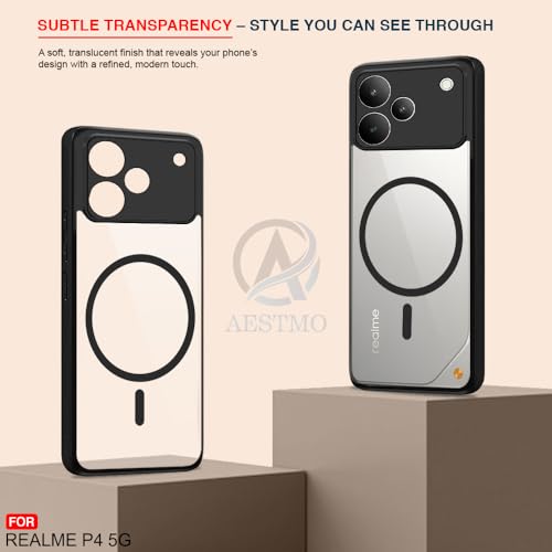 Image of AESTMO Realme P4 5G Back Cover | 360 Protection | Crystal Clear Hard Back Transparent | Compatible with MagSafe Accessories (PC+TPU, Black Bumper)