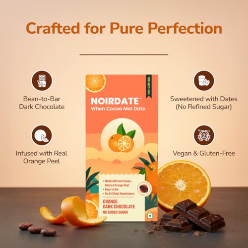 Image of NoirDate Orange Dark Chocolate - 15g, Bean to Bar, Sweetened with Dates, Refined Sugar Free, Clean Label, Healthy & Tasty Indulgence, Vegan, Gluten-Free, Antioxidant Rich (Pack of 6)