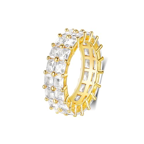 MDFUN 18K Yellow Gold Plated Engagement Promise Wedding Ring Baguette Ring Eternity Band for Women, 2 Rows Emerald Cut Cubic Zirconia Rings Size 5-10