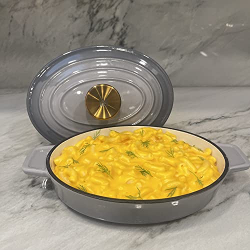 Lexi Home Cast Iron Enameled Oval Baking Dish With Lid 9", Casserole Dish, Oven Pan For Serving And Cooking Lasagna, Casseroles, Roasting Meats & More, Kitchen Cookware - Grey #TOP7
