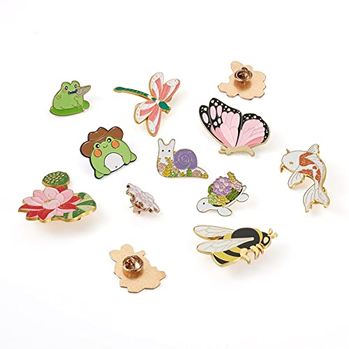 Image of Cheriswelry 12Pcs Bee Butterfly Frog Enamel Alloy Pins Dragonfly Cyprinoid Tortoise Snail Shape Brooch Pins Lotus Lapel Pins 19.5-45.5mm for Clothes Jacket Bags Backpack Hats Decor
