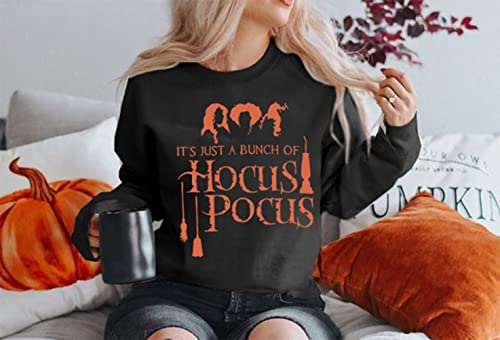 Kiddad It's Just A Bunch Of Hocus Pocus T-Shirt Women Halloween Sanderson Sisters Long Sleeve Crewneck Casual Pullover Tops Black #TOP1