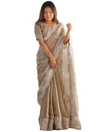 Satrani Women's Tissue Silk Sequin Embroidery Scalloped Border Sa...