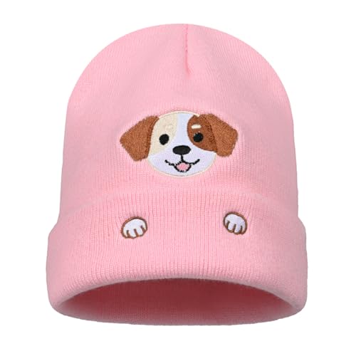 Zgboaht Dog Head Embroidery Knit Beanie Hat for Adult and Big Kids Personality Watch Cap Winter Warm Skull Cuffed Hats