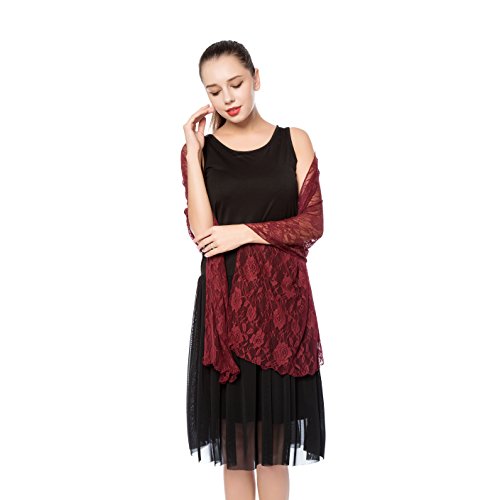 Gzcvba Women’s Soft Rose Lace Shawls and Wraps for Formal Evening Party Dress,Bride Bridesmaid Shawl for wedding (Wine Red)