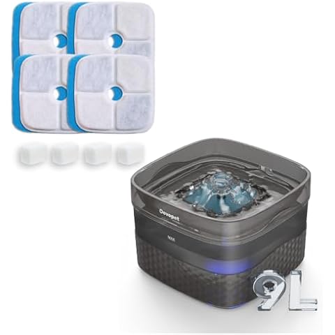 Devopet 2.4Gal/9L Dog Water Fountain with 4 Pack Replacement Filters Cover