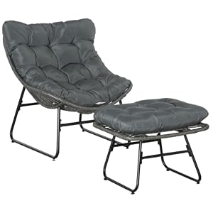 Outsunny Rattan Relaxsessel mit Fußhocker, Balkon Sessel Grau