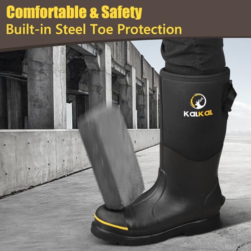 Kalkal Steel Toe Rubber Boots for Men - Waterproof Anti Slip Work Boots 6mm Neoprene Rain Boot Durable Hunting Boots with Steel Shank for Farming Gardening Construction Outdoor Work Size 5-143