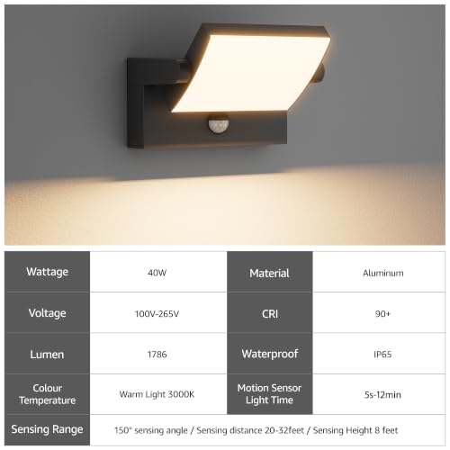 Coinmit Outdoor Wall Sconce Motion Sensor Lights, Black 40W Modern Lighting Fixtures, Adjustable Head Aluminum IP65 Waterproof Exterior Lights for Porch Patio Garage, 3000K, 2 Pack by Coinmit - Used condition - Image 6