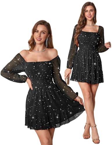 Bridesmay Women's Mesh Long Sleeve Sparkly Black Dresses Square Neck Sequin Short Mini Dress for Cocktail Wedding Guest and Club Night Out Black XL