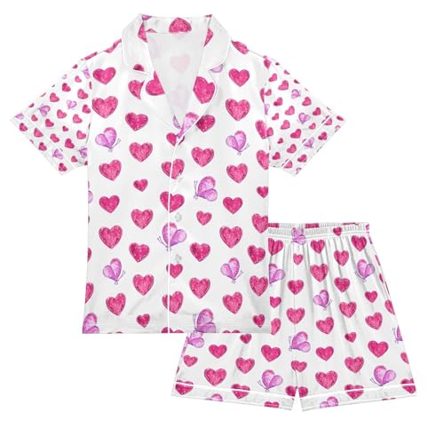senya Hearts and Pink Butterflies Satin Summer Pajama Sets Silk Short Sleeve Button Down Sleepwear