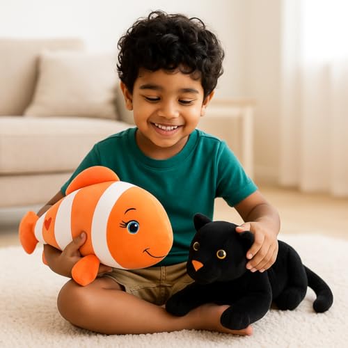 Image of Cute Fish & Panther Plush Toy Combo - 30 cm Soft Stuffed Animals for Kids | Super Soft & Huggable for Boys & Girls (Pack of 2)