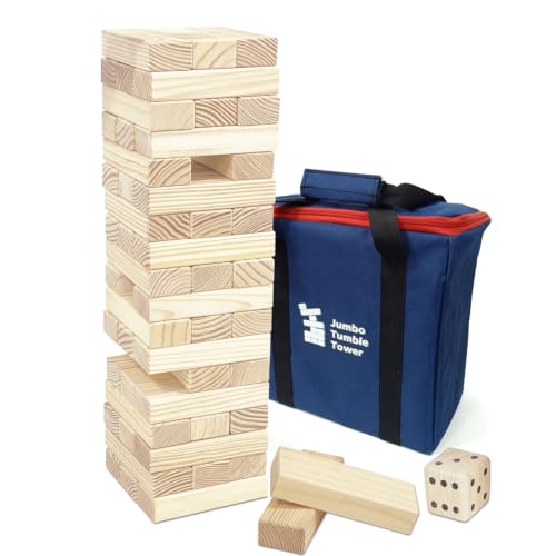 Jac & Mok Wackelturm Tumble Tower Spiel Holz Toppling Blocks Spielzeug mit Tragetasche (Jumbo Tumble Tower (54 Stück) mit Würfeln)