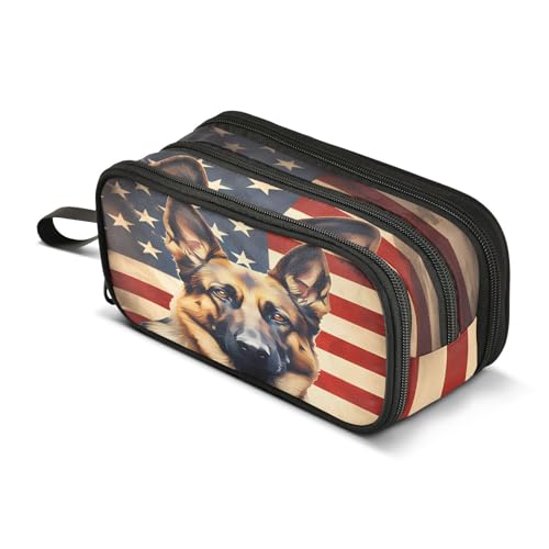 Image of Dog German Shepherd American Flag Pencil Case Box Boys Girls Large Pencil Pouch Zipper Compartments Big Capacity Stationery Pen Bag Organizer for Kids Teens Adults School