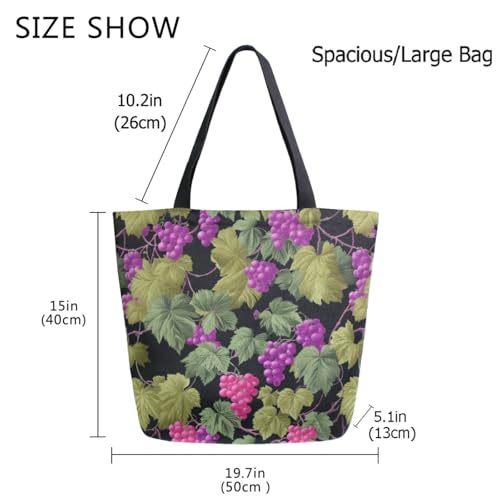 Leaves Branch Grapes Extra Large Canvas Gym Shoulder Tote,Durable Daily Reusable Top Handle Bag for Mens Womens Yoga Weekender Picnic Beach Travel Market Shopping3