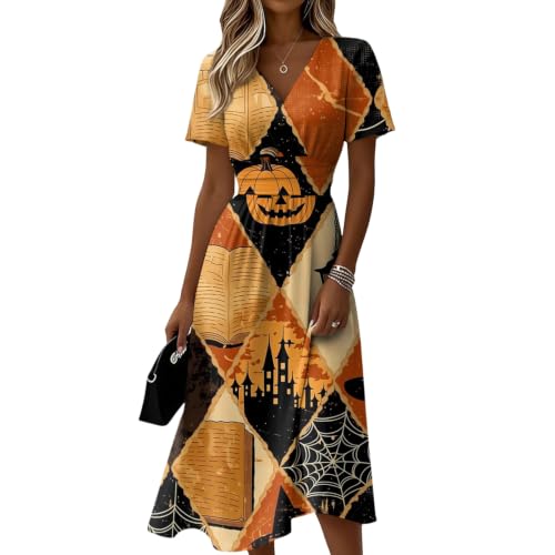 Robe midi imprimé citrouille araignée col V à manches courtes fluides