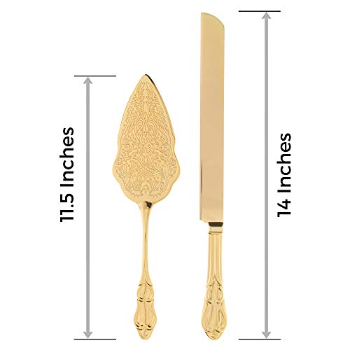 Ella Celebration Gold Wedding Cake Knife & Server Set, Vintage Cake Cutting Utensils, Party Supplies Golden Anniversary Decorations (Elegant Gold)