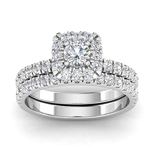 IGI Certified 1.50 Carat TW Diamond Halo Engagement Ring Bridal Sets For Women's in 10k White Gold (G-H, I2-I3)