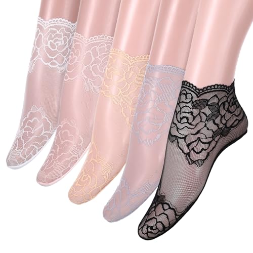 5 Pairs Lace Ankle Socks, Sheer Lace Socks for Women, Fishnet Sock, Ruffle Sock for Women Accessories Dress