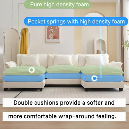 Image of Modern U Shaped Sectional Sofa, Plush Chenille Upholstery, Extra Deep Seats with Throw Pillows for Living Room Office Hotels (Cream)