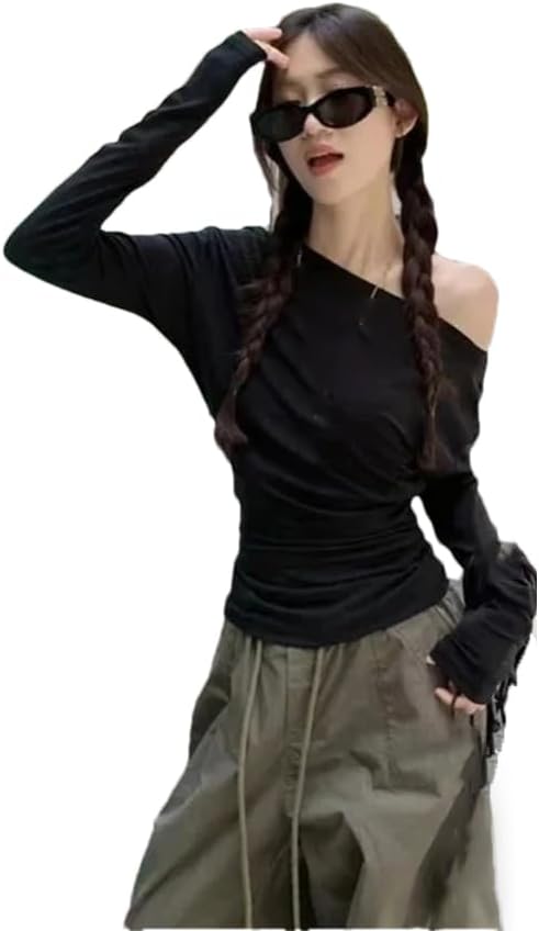 Women Slimming T-Shirt Women's Off-The-Shoulder Long Sleeve Top Solid Color Blouses