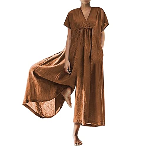 YIzdegg Mono de muselina para mujer, cómodo peto, suave y transpirable, mameluco de algodón y lino, de secado rápido, ligero, de una pieza, pierna ancha, pantalones con tirantes, marrón, 3XL