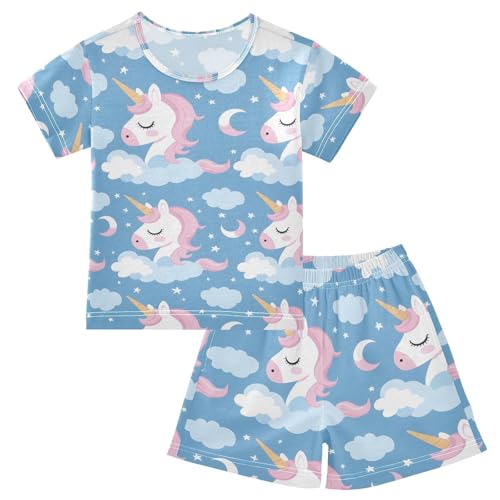 ALAZA Unicorn Moon Star Blue Pajamas Short Sleeve 2 Piece Sleepwear Top and Bottom Pajama Set Unisex