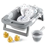 Collapsible Bathtub Baby for Infants & Newborns w/Thermometer, Drain Plug with Heat Sensor & Scoop – Compact Travel Baby Bath Space-Saving Bath for Travel, Shower & Small Bathrooms