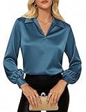 Business Casual Shirts for Women Long Sleeve Satin Tops V Neck Office Blouses Grey Blue XL