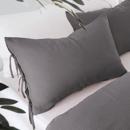LINENWALAS 100% Cotton Muslin Duvet Cover Set- 3-Piece Ultra Soft & Breathable Bed Linen, Hotel Quality Quilt Cover with Bow Knot Closure for Double Size Bedding (200x200 cm, Light Grey) - Image 2