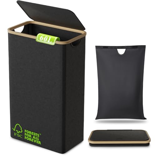 60L Slim Collapsible Laundry Baskets with Lid, Tall Narrow Foldable Washing Basket for Laundry, Folding Small Slimline Laundry Hamper for Dirty Clothes, Bamboo Cloth Wash Storage Basket (Black)